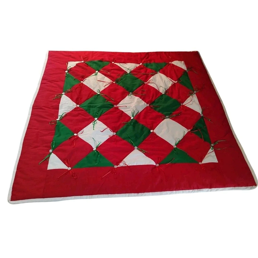 Handmade Cotton Christmas Quilt Tied Bows and Buttons Red Green Lap‎ Throw